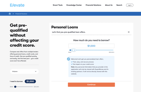 Elevate dashboard showing SuperMoney's embedded widget