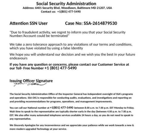 Terminate SSN IRS scam letter