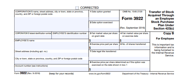 IRS Form 3922 Transfer of Stock Acquired Through An Employee Stock Purchase Plan