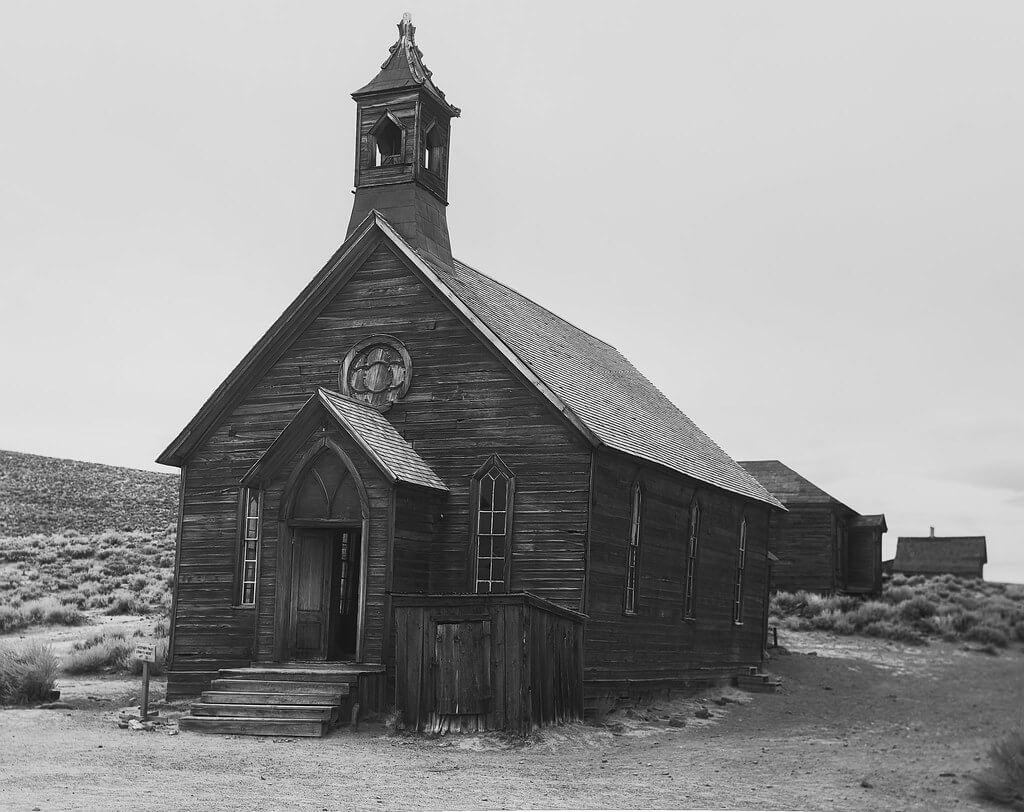 Black and white photo of an old church