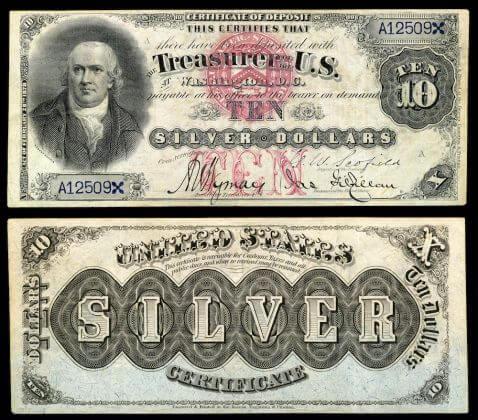 $10 silver certificate from the 1878 series depicting Robert Morris
