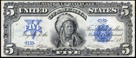 $5 silver certificate from the 1899 series depicting Native American chief Running Antelope of the Lakota Sioux tribe