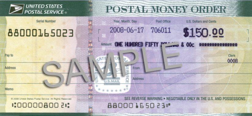 Sample USPS money order showing various security features