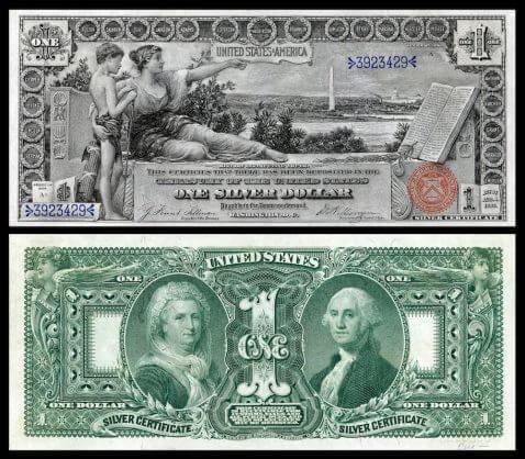 Educational Series one-dollar silver certificate depicting Allegory History Instructing Youth on front and George Washington and Martha Washington on back
