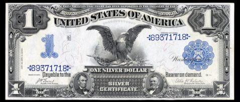 $1 silver certificate from the 1899 series depicting a bald eagle and images of Abraham Lincoln and Ulysses Grant