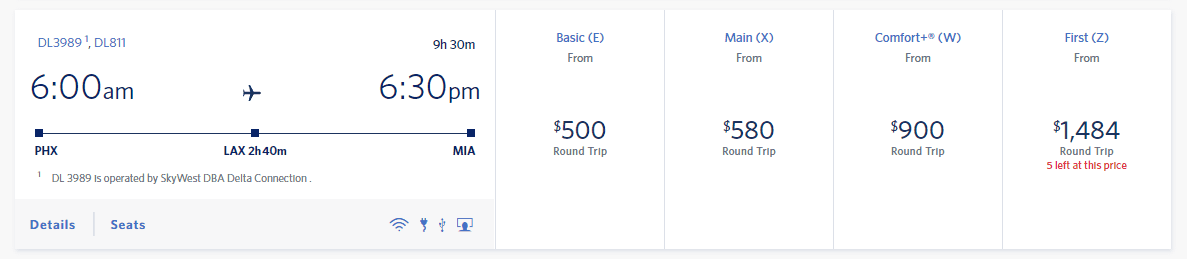 Price comparison showing economy, main, Comfort Plus, and first class prices