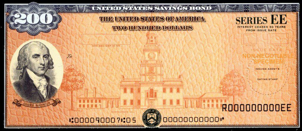 U.S. Treasury image of Series EE Savings Bond with drawing of James Madison