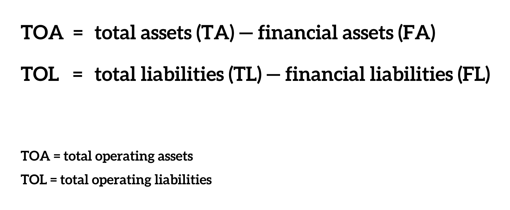 Calculations for total operational assets and total operational liabilities