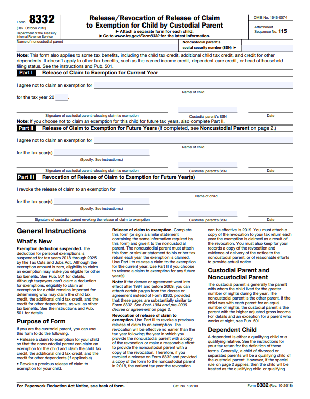 Image of IRS Form 8332 Release/Revocation of Release of Claim to Exemption for Child by Custodial Parent