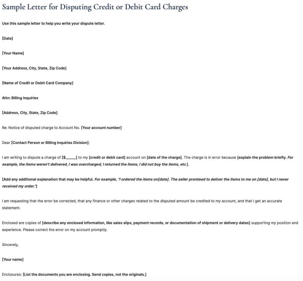 Sample letter for disputing credit or debit card charges (FTC)