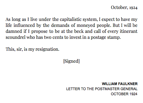 William Faulkner's resignation letter to the Postmaster General, October 1924