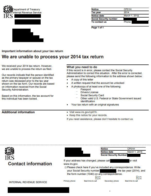 Front page of IRS Notice CP01H