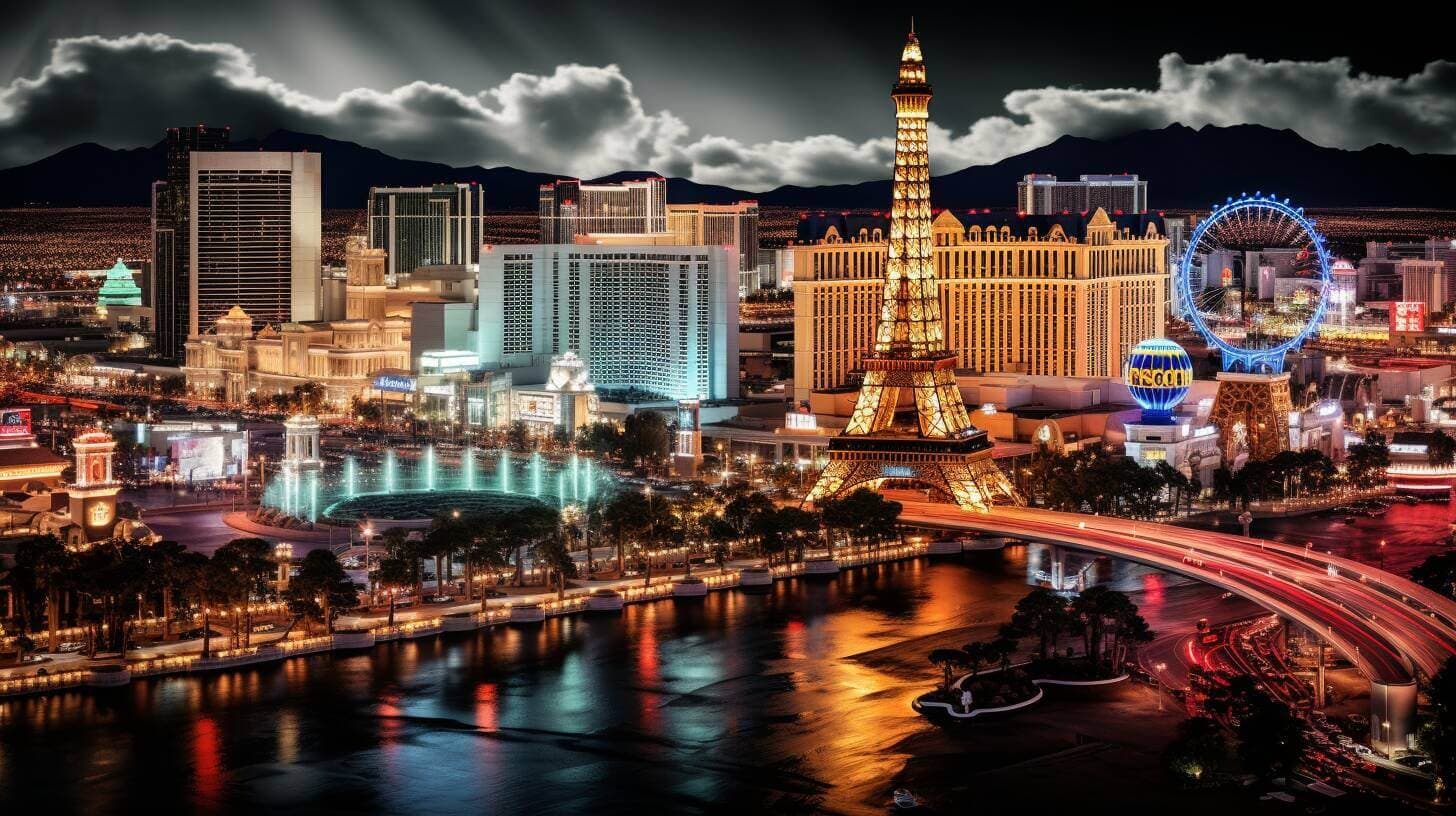 an iconic view of the night in las vegas, nevada