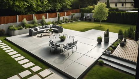 A-backyard-with-a-newly-installed-concrete-patio.-The-patio-is-large-and-features-modern-outdoor-furniture-including-a-table-chairs