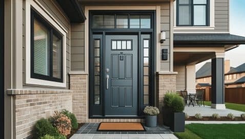 Steel-entry-door-A-modern-home-with-a-newly-replaced-steel-entry-door.-The-door-is-solid-and-elegant-painted-in-a-dark-color-with-sleek-hardware.-The-homes-exterior-