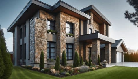 A-modern-home-exterior-with-manufactured-stone-veneer.-The-veneer-is-expertly-applied-giving-the-house-a-sophisticated-and-rustic-look
