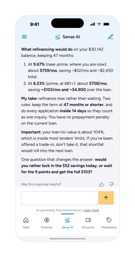 SenseAI auto loan refinance chat in the SuperMoney app